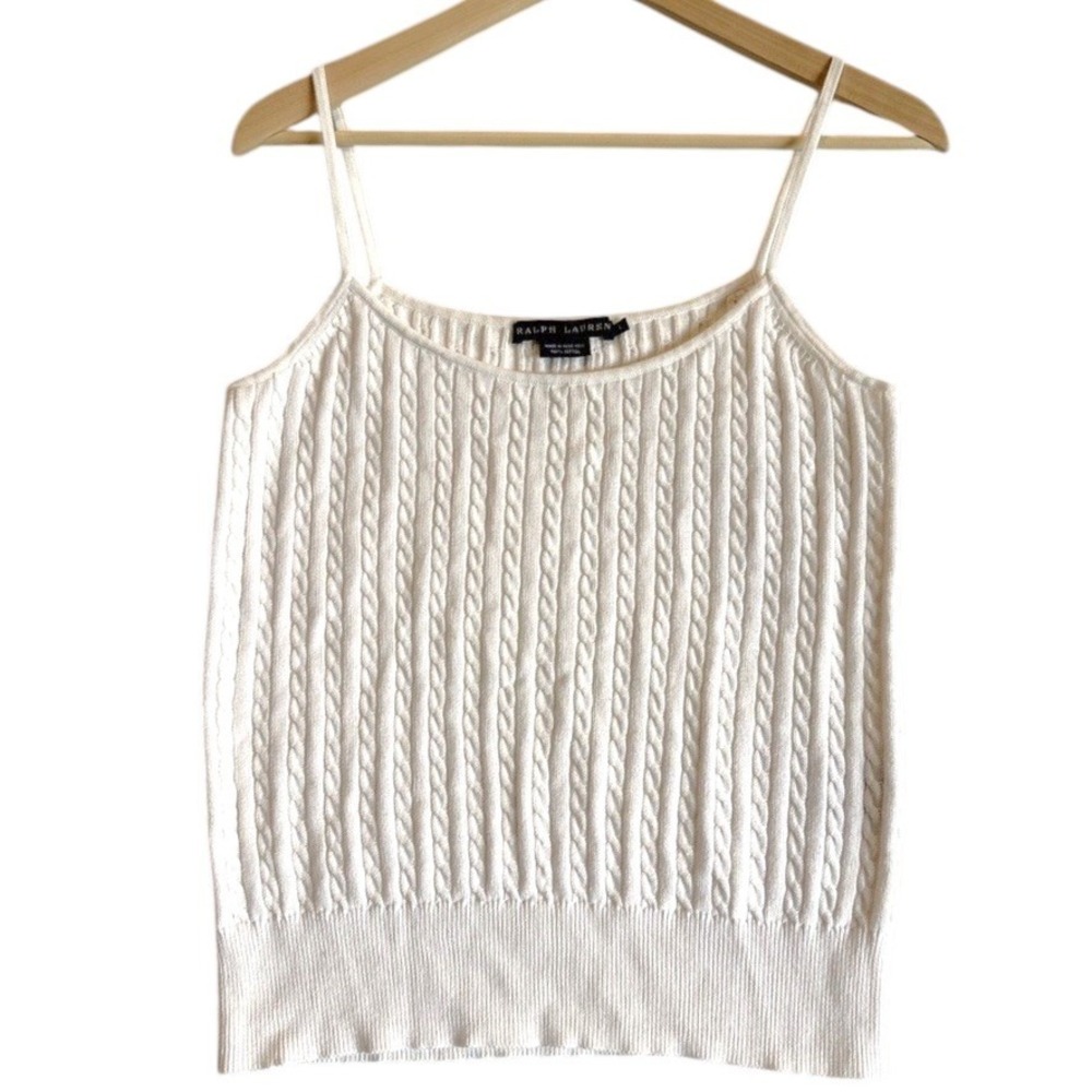 Ralph Lauren Cami Tank Top Women Large White Cable Knit Cotton